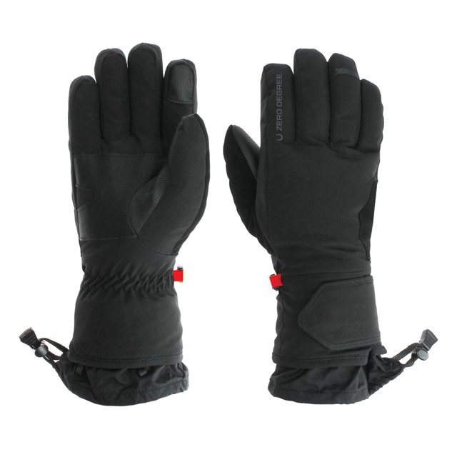 Zero Degree Men's soft shell waterproof ski glove in black featuring a Velcro wrist strap, toggle adjuster at the cuff, breathable fabric, and insulation for warmth, designed for winter sports and suitable for cold-weather outdoor activities.