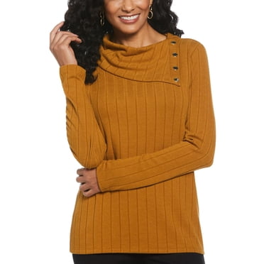 Rafaella Women's Long Sleeve Top with Rivet Neck Trim