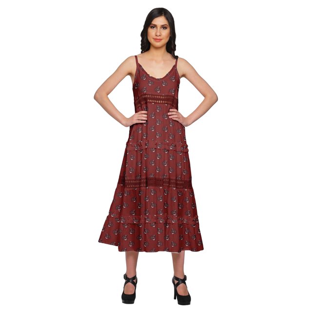 Moomaya Printed Sleeveless Long Maxi Dress Spaghetti Straps With Lace Trim