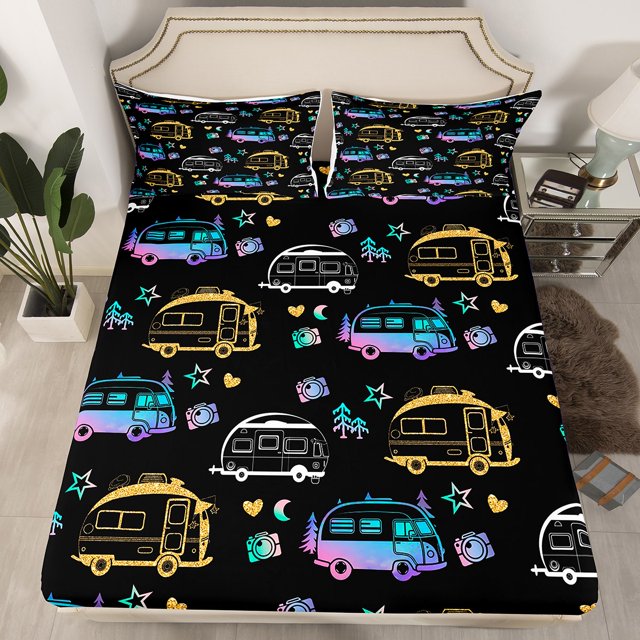 YST Rv Happy Camping Fitted Sheet, Gradient Camper Car Bedding Set Queen Size For Farmhouse Camping Lovers, Outdoorsy Camper Bed Sheets Rustic Sheets With 2 Pillow Cases, Black