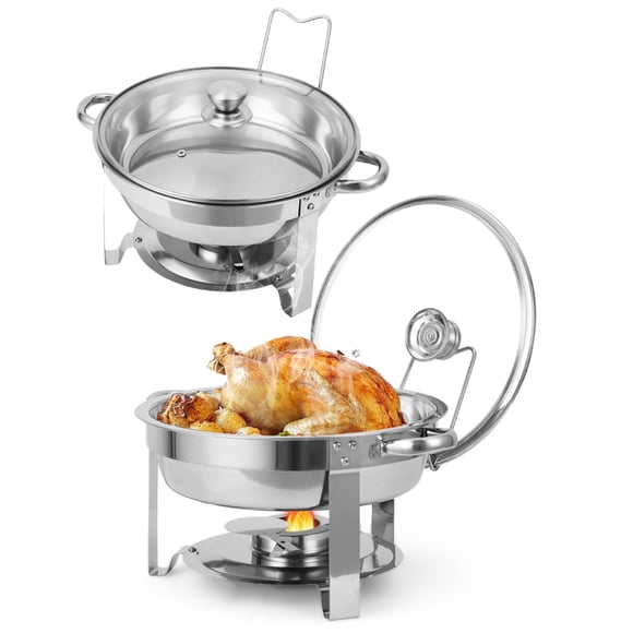Ensemble de 2 Plats Ronds Anti-Frottement de 5 Qt, Réchaud de Buffet en Acier Inoxydable avec Couvercle en Verre Transparent, Ensemble Durable de Réchauds pour Service de Traiteur pour Mariage, Banquet, Fête et Usage Quotidien au Buffet - Argent