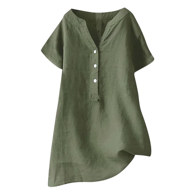 Plus Size Tops for Women Short Sleeve Cotton Linen Oversized Tshirts Shirts V Neck Relaxed Fit Summer Blouses Tunics