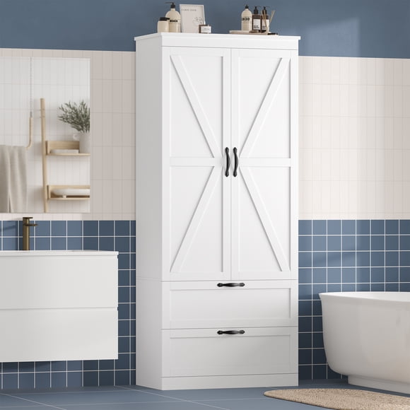 Homfa Armoire de Rangement pour Salle de Bain de 70,3 Po H, Armoire de Rangement Style Ferme pour Linge avec 2 Tiroirs, Blanc