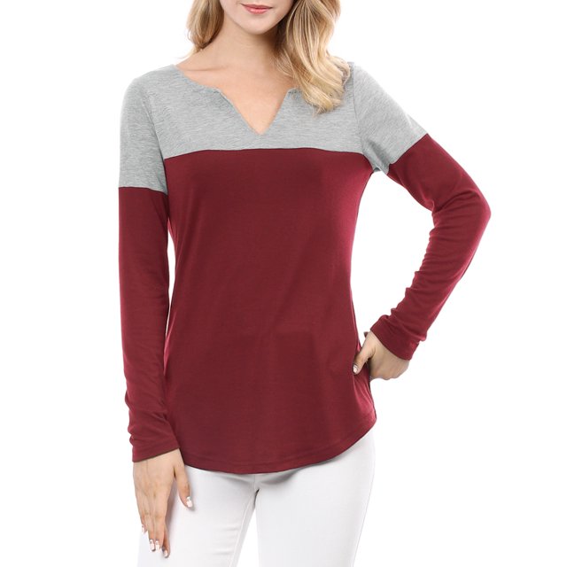 Unique Bargains T-Shirt Décontracté à Manches Longues et Col en V Fendu pour Femmes