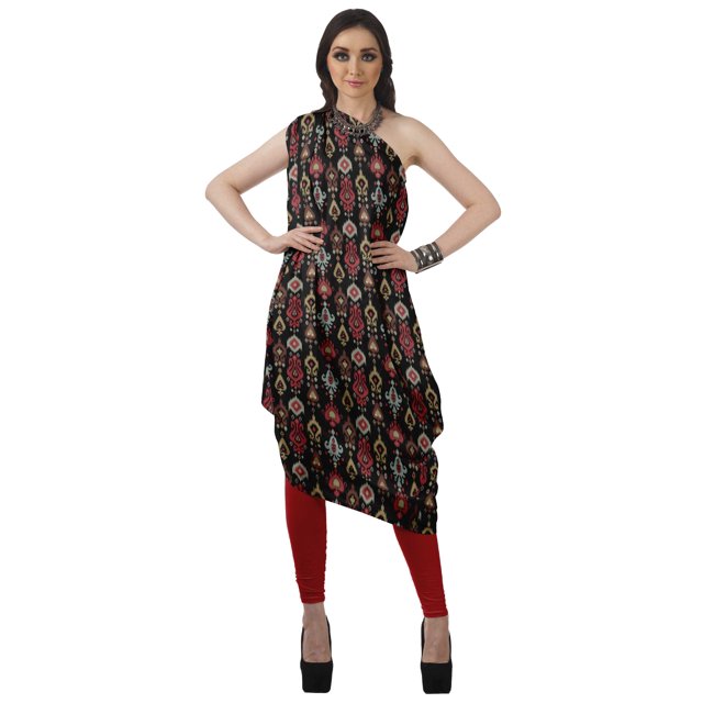 Moomaya Robe Kurti à une Épaule Imprimée pour Femme, Sans Manches, à Col Bénitier, Style Bohème, Tenue de Soirée de Designer