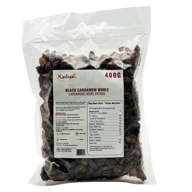 Kasturi Black Cardamom Whole Pods 400g in a resealable food-grade pouch. The packaging features the brand logo, product name, and nutritional details. The transparent bag reveals large, dark black cardamom pods, known for their bold, smoky flavor. Suitable for curries, biryanis, stews, and spice blends, this vegan, non-GMO spice is free from preservatives. Perfect for Indian, Pakistani, and Asian cuisines.