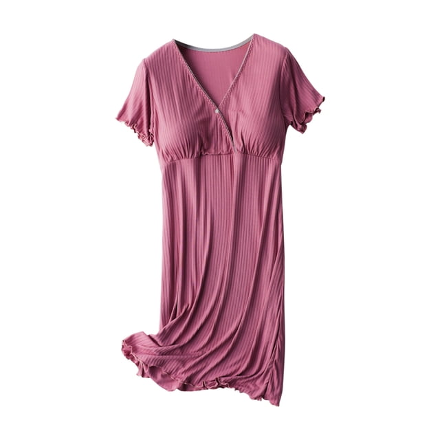 matoen Women's Breastfeeding Dress Deep V-neck Solid Short Sleeve with Button Dress Flowy Ruffle with Chest Pad Sleepwear