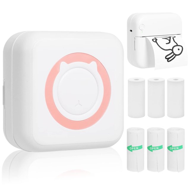 Mini Imprimante Thermique, Imprimante Portable Sans Fil Bluetooth Sans Encre avec 5 Rouleaux d'Autocollants et 5 Rouleaux de Papier Thermique, Compatible avec Android/iOS, Imprimante de Poche pour Mémo, Bricolage, Photo et Plus (Rose)