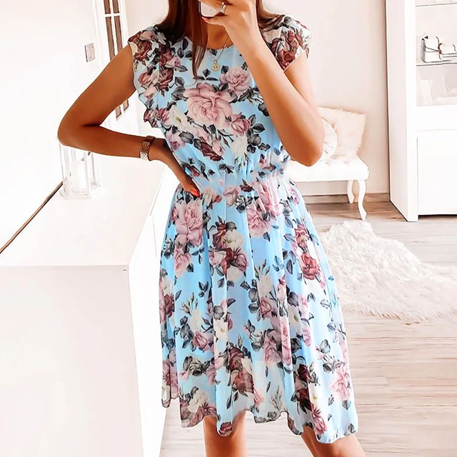 EGNMCR Robes d'Été pour Femmes Tendance 2024 Mode pour Femmes Bohème Col Rond Ample Manches Courtes Robe Longueur Imprimée