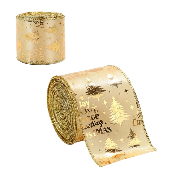TopLLC Christmas Ribbon Wired, 2.5 inch x 2.2 Yards Glitter Gold Christmas Tree Wired Edge Fabric Craft Ribbon, Christmas Tree Decorative Ribbon Christmas Decorations for Gift Wrapping Bow Wreath
