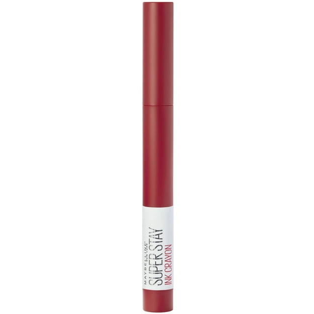Super Stay®Ink Crayon Lipstick in a vertical front view with a matte red crayon body and white label showing the product name, designed for up to 8-hour smudge-resistant matte lip colour with a built-in sharpener for precise application.