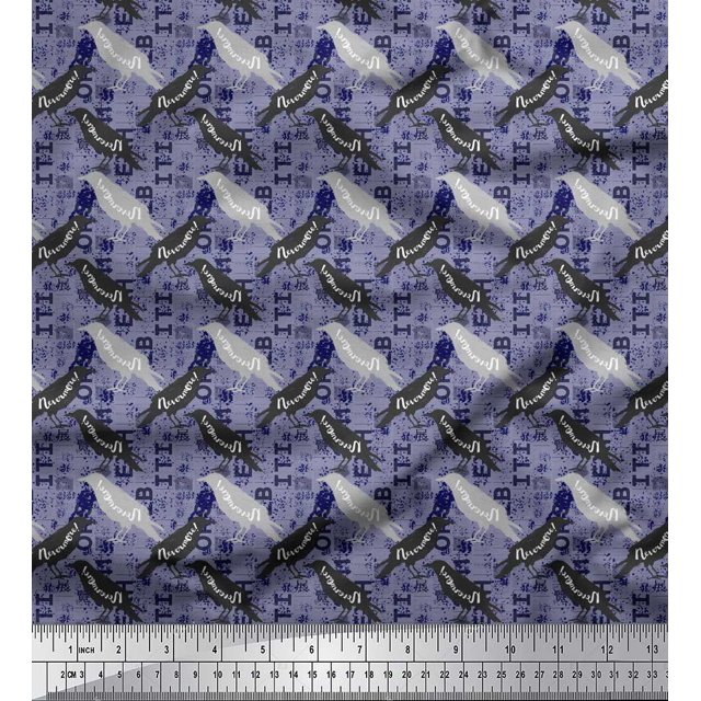 Soimoi Blue Georgette Viscose Fabric Text & Crow Bird Decor Fabric Printed Yard 44 Inch Wide