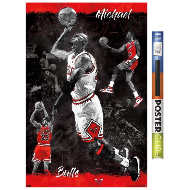 Michael Jordan - Affiche Murale de Croquis, 22,375 Po x 34 Po Encadrée Présentant Plusieurs Croquis Dynamiques de Michael Jordan en Uniforme Rouge et Blanc Chicago Bulls Exécutant des Mouvements de basketball comme des Coups de Coude et des Tirs, sur Fond Noir et Rouge avec Texte Audacieux « Michael », « Jordan' » et « Bull ».