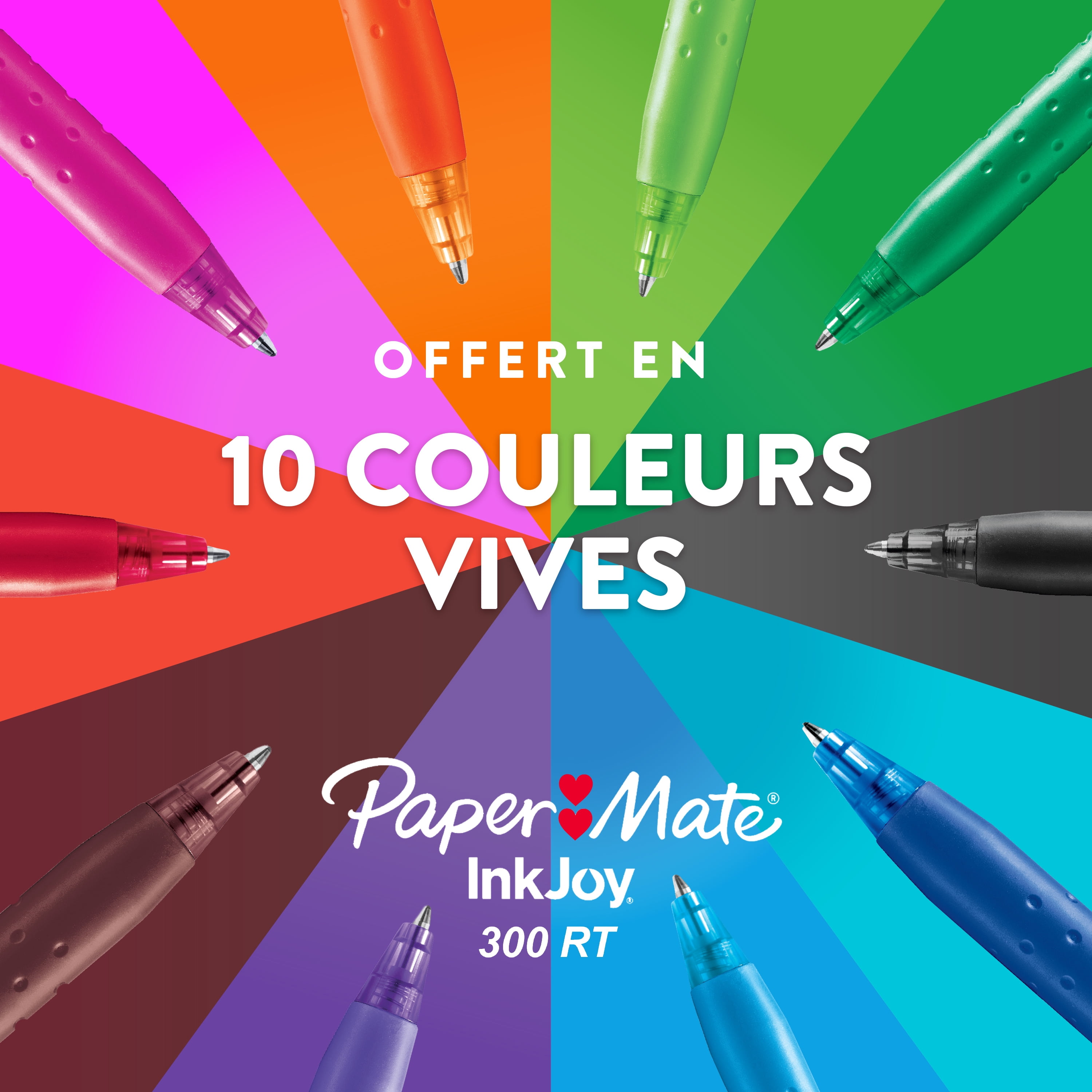 Stylos à bille rétractables Paper Mate InkJoy 300RT, pointe moyenne (1,0 mm), couleurs de bonbons éclatants, 8 unités