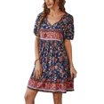 thumbnail image 4 of Faithtur Nouvelle Mode Robe d'Été à Manches Courtes pour Femmes Mode Imprimé Fleuri Col en V Taille Haute Robe Trapèze, 4 of 9