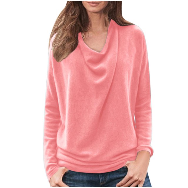 Pompotops T-Shirt Décontracté pour Femme à Col Rond Uni à Manches Longues Coupe Ample Chandail Haut Blouse