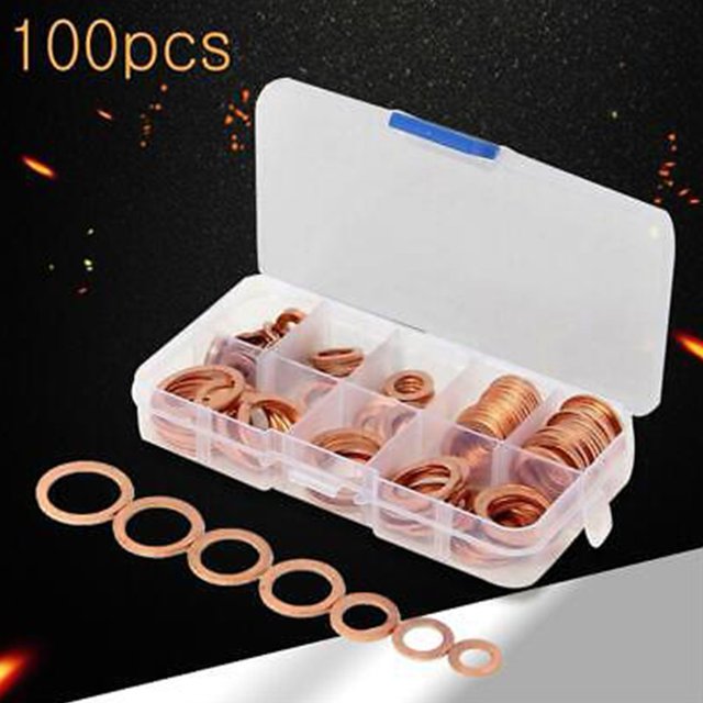 Ensemble de Joints de Rondelle en Cuivre 100 Pcs, Kit d'Assortiment de Joints Plats M4-M14