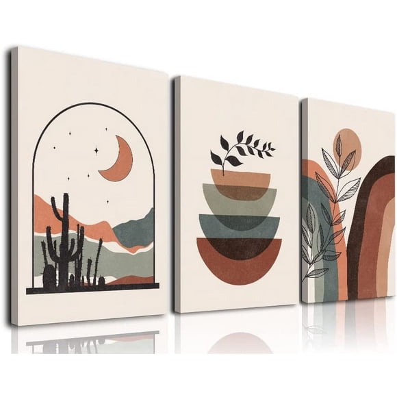 Boho Wall Art Set Of 3 Mid-Century Modern Wall Prints Neutral Abstract Geometric Prints Moon Desert Mountain Plant Minimalist Art Large Canvas Paintings Artwork 12" X 16" for Bathroom Bedroom