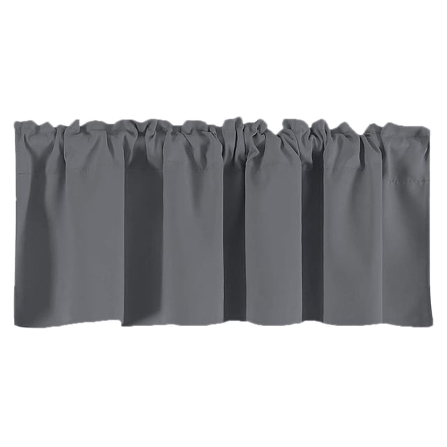 Living Room Curtains with Valance, a blackout window valance curtain made of high-density polyester in grey. Measuring 57×18 inches (145×45 cm), it features a 3-inch rod pocket for easy installation. Designed for kitchens, living rooms, and dining rooms, it blocks sunlight and adds an elegant touch with its pleated design.