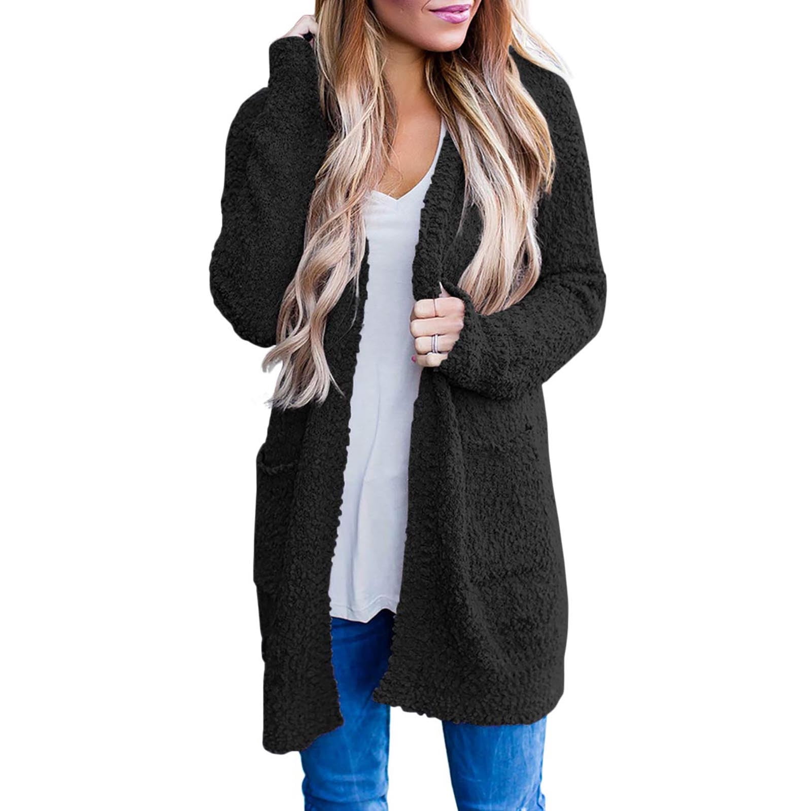 Cardigan pour Femmes Femmes Dames Uni Ouvert Doux Épais Poche Manteau à Manches Longues Vêtement d'Extérieur Cardigan en Liquidation