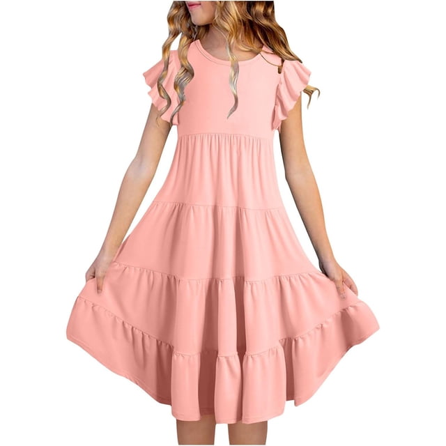 BYHONG Robes d'Été pour Filles à Double Couche à Manches Volantées Fluides Robe Trapèze Décontractée Dégradé Robes Midi Jupes Robes pour Filles Rose 120