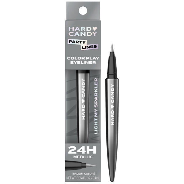 Hard Candy Color Liquid Eyeliner w/ Lash Boost Serum in metallic silver Light My Sparkler, featuring a fine-tip brush for precise, smudge-proof application with 24-hour wear, shown in packaging and uncapped pen with visible tip.