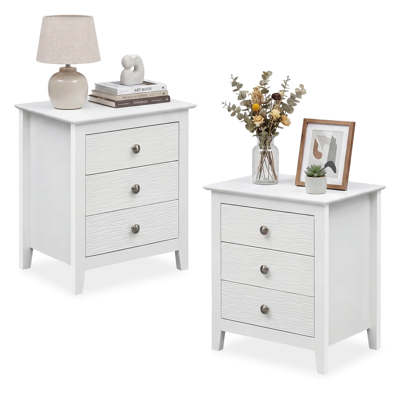 Costway 2PCS Nightstand, Farmhouse 3-Drawer Night Stand with Wood Grain Accents Sleek Knobs White