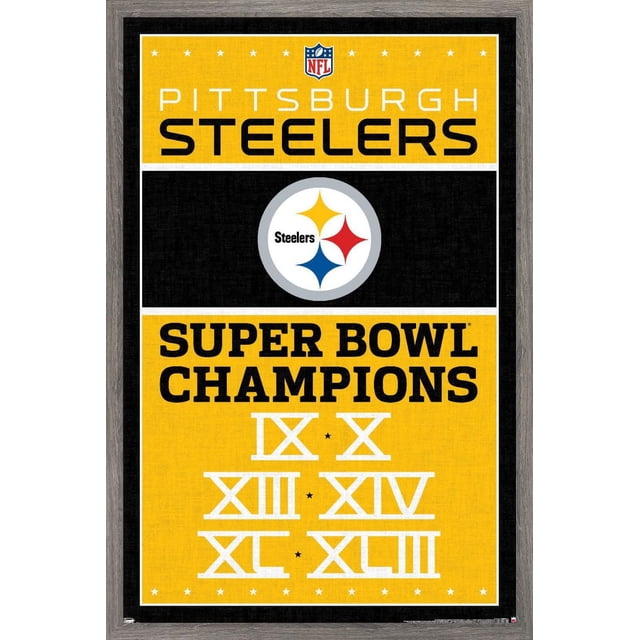 NFL Pittsburgh Steelers - Affiche Murale Champions 13, 22,375 Po x 34 Po Présentant une Affiche Murale Encadrée avec des sections Jaunes et Noires, le logo de la NFL en Haut, un « Texte Pittsburgh Steelers » Audacieux, le logo des Steelers Centré et « Super Bowl Champions » avec des Chiffres Romains IX, x, XIII, XIV, TG et XLIII en Dessous, Imprimée sur Papier Brillant avec Supports Adhésifs pour une Suspension Facile et Sans Dommages
