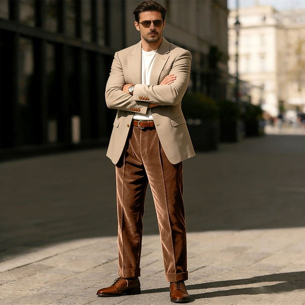 mens brown pleated dress pants NTACZA Business Winter Velvet Pants Straight Leg Trouser Men Casual XL Belt Size:37 the leg length able x-subcategory:MINI Thalia Beige Bow-Neck Open-Back
