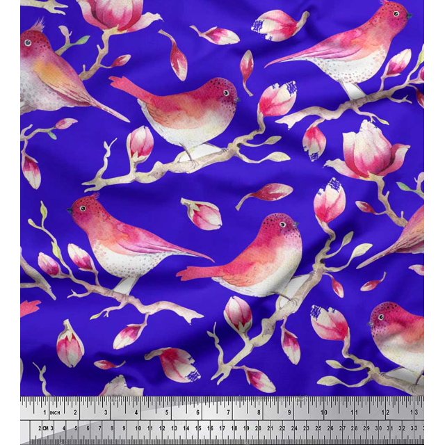 Soimoi Blue polyester Crepe Fabric Branch,Pink Floral & American Robin Bird Decor Fabric Printed BTY 52 Inch Wide