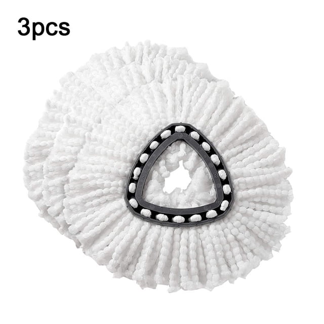 Youkk 3Pcs 360 Rotation Cotton Yarn Microfiber Mop Heads, featuring white microfiber strings with a triangular black rim. Replacement mop heads for Vileda and O-Cedar spin mop systems, ideal for cleaning smooth surfaces such as wood, tile, and marble. Includes three machine-washable mop refills, suitable for cleaning tools and mop accessories.