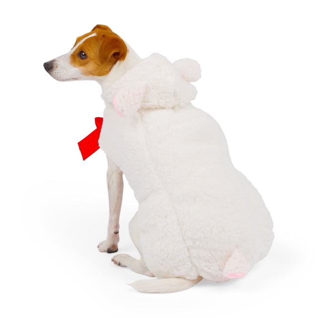One Paw, Lamb Dog Costume, Halloween on a small brown and white dog wearing a full-body white sherpa plush lamb outfit with a hood featuring lamb ears, a small tail, and a red bow at the neck, designed for comfort and warmth during Halloween or pet events.