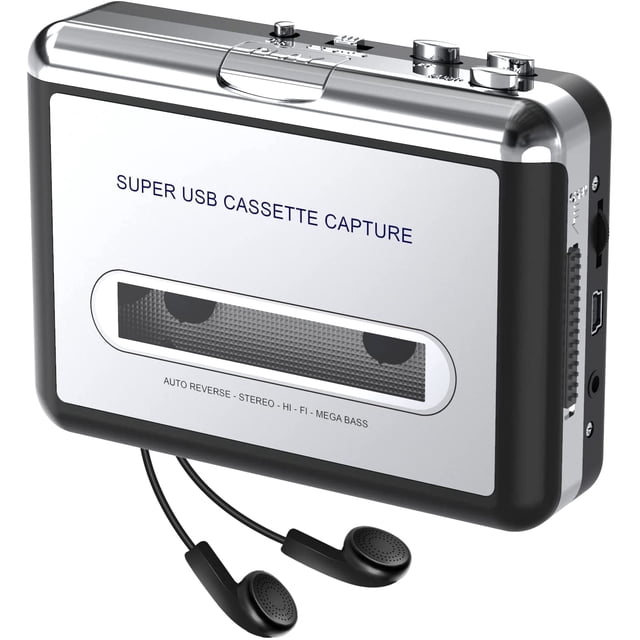 DIGITNOW Portable USB Cassette Tape Player Capture MP3 Audio Music, designed in a sleek silver and black casing. This device converts cassette tapes to MP3 format via USB, compatible with laptops, personal computers, and Mac. Features include a 3.5mm headphone jack, auto-reverse playback, and Hi-Fi stereo sound for lossless audio quality. The package includes headphones, a USB power cable, a software CD, and a multi-language guide manual.