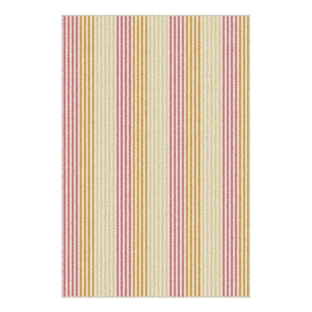 Mainstays Striped Washable Indoor Accent Rug with vertical pink and yellow stripes on a neutral background, 28.8 by 45 inches. Machine tufted polypropylene with non-skid rubber backing, ideal for bedrooms, entryways, or small living areas and often used as a decorative accent rug.