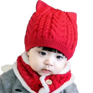 Fgnfyis Winter Hat Baby Boy Girl Toddler Cat Hat with Scarf Lined Knitted Cap Neckwarmer for Kids 2 Pieces Red One Size
