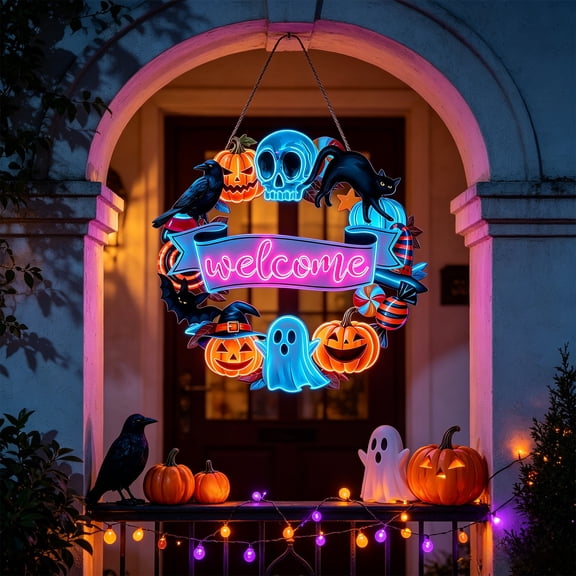 Roiihwy Halloween Wreath Door Hanger 7.8 Inch, Black Cats Pumpkin Skeleton Sign 1ct, Multicolor Spooky Porch Wall Decor for Party