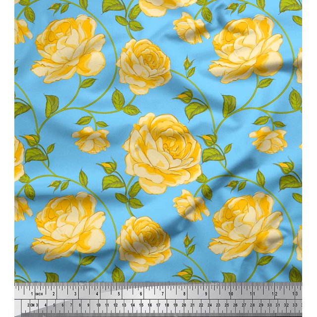 Soimoi Tissu en Rayonne Imprimé Feuilles & Roses au Mètre 42 Pouces de Large