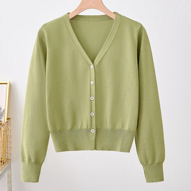 Fartey Cropped Cardigan Sweater for Women 2025 Long Sleeve V-Neck Button Down Short Knitted Sweater Simple Solid Color Daily Cardigans Green L