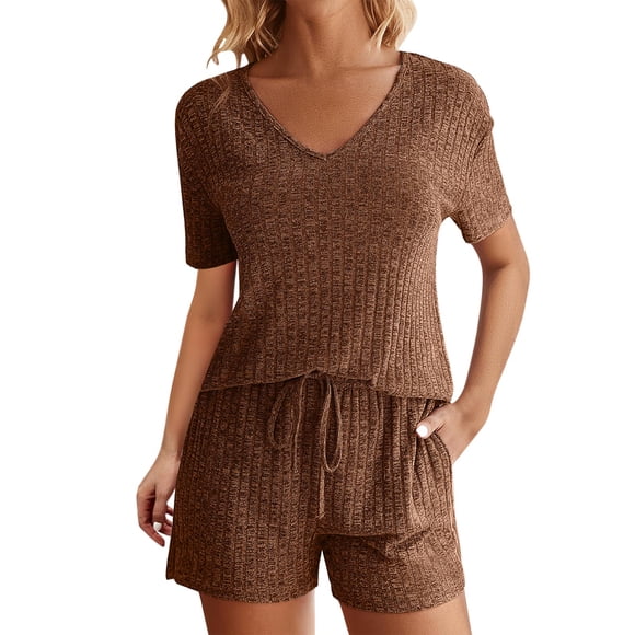 Timegard 2 Piece Sets for Women Ribbed Short Sleeve V-Neck Top Elastic Waisted Drawstring Shorts Casual Loose Sets