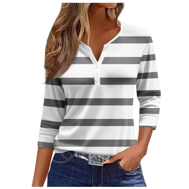 Womens 3/4 Sleeve Tops Casual Neck Tshirt Ladies Print Daily Tees Tunic Blouses Handstand Shirt Long Sleeve Striped Short Sleeve T Shirts Long Sleeve Women Tall Long Sleeve Shirts for Women Womens