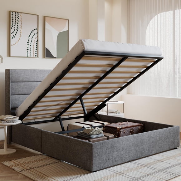 Amolife Cadre de Lit Format Grand, Lit Plateforme avec Rangement Relevable et Tête de Lit à Ailes avec Panneau Rembourré en Tissu, Gris Pâle