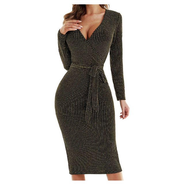 Robe à Manches Longues pour Femmes Aguichant Mode pour Femmes à Lacets Aguichant à Col en V à Manches Longues Robe Mi-Mollet Longue