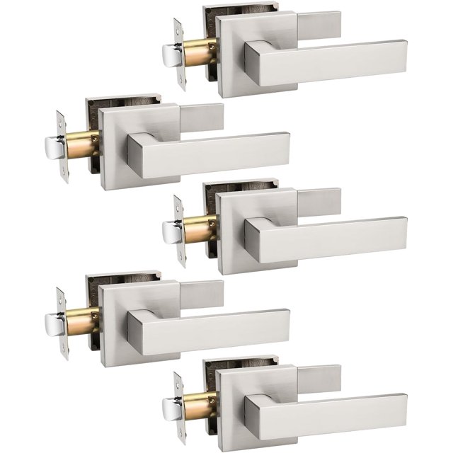 Brushed Nickel Door Handle Interior Privacy Door Lock Bed and Bath Door Lock with Square Rose Modern Keyless Door Lock Handle Reversible for Left & Right