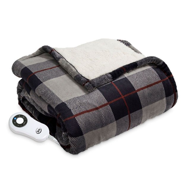 Serta Couverture Jetée Chauffante Électrique en Micro-Peluche à Carreaux Gris