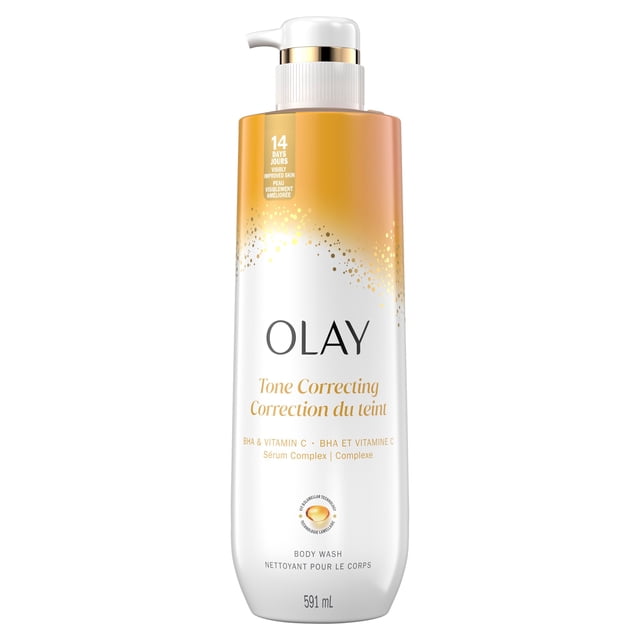 Olay Tone Correcting Body Wash with BHA and Vitamin C Serum Complex, 591ML, white and gold pump bottle for bath and shower, exfoliates and moisturizes to brighten and restore natural skin tone with niacinamide and pro-glycerin, clinically tested for all skin types and free of parabens and phthalates.