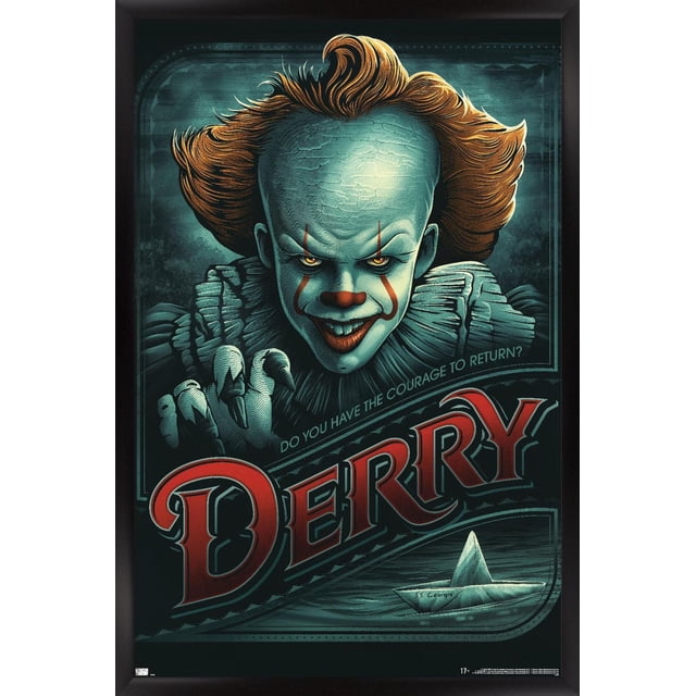 IT - Pennywise Derry Affiche Murale, 14,725 Pouces x 22,375 Pouces Encadrée Représentant Pennywise le clown aux Cheveux orange Vif et à la Main Griffée sur un Fond Sarcelle Foncé, avec Grand Texte « Derry » Rouge et un Bateau en Papier Étiqueté « S.S. George » Dessous, Encadrée en Noir, Convient à l'Art Mural à Thème Horreur et à la Déco de Chambre.