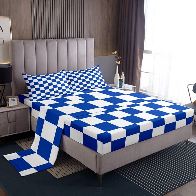 Erosebridal Checkered Gingham Bed Sheets Set Full Size, Blue White Bed Sheets Full, Rectangle Geometry Decor