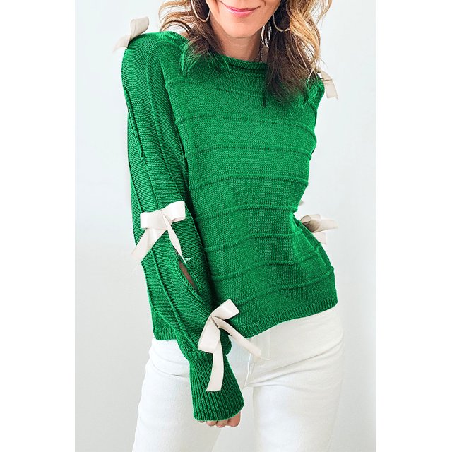 FOLUNSI Vibrant Green Sweater w/ Bow-Knot - Chic, Cozy & Flirty