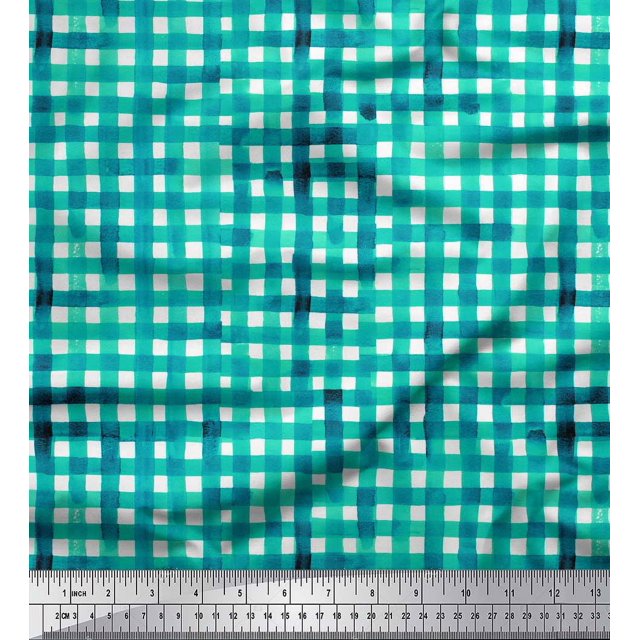 Soimoi Green polyester Crepe Fabric Check Check Print Fabric by Yard 52 Inch Wide