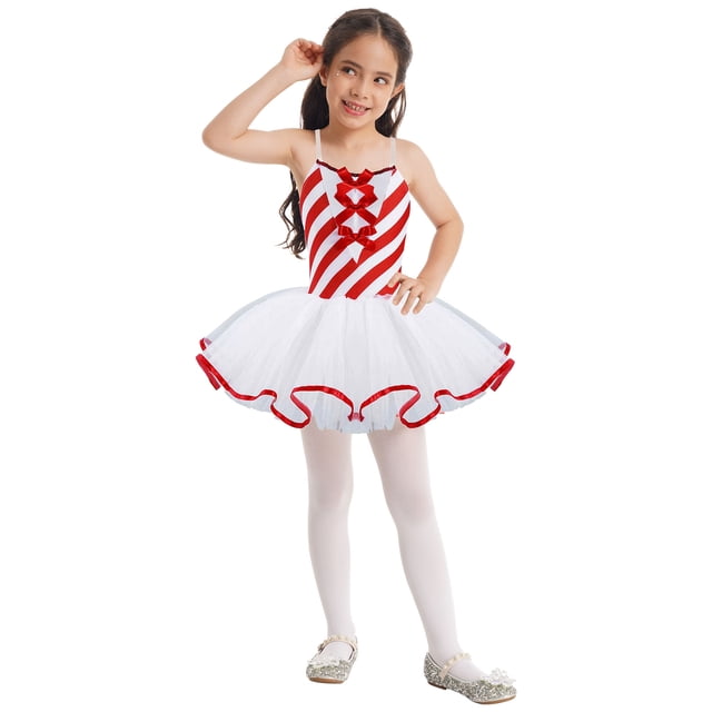 RUNQHUI Robe de Danse Ballet de Noël pour Filles, Justaucorps Sans Manches à Rayures, Jupe Tutu en Maille, Tenue de Danse de Noël Rouge 16
